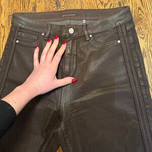 Elie Tahari Brown Leather Coated Jeans with Braid Side Detail